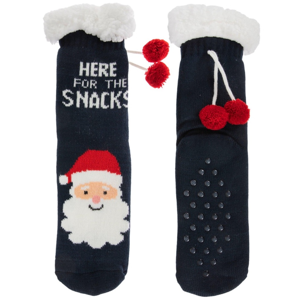 Christmas shoppe “ here for the snacks “ santa cabin socks fuzzy cozy Sherpa new